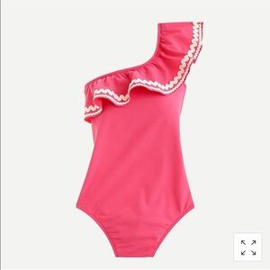 J. Crew Seersucker Pink Ruffle One Shoulder White Swimsuit Size 8 NWT AJ650
